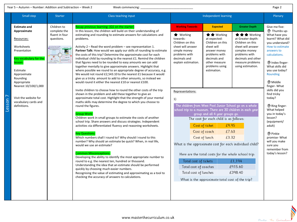 Addition and Subtraction - Estimate and Approximate - Planning