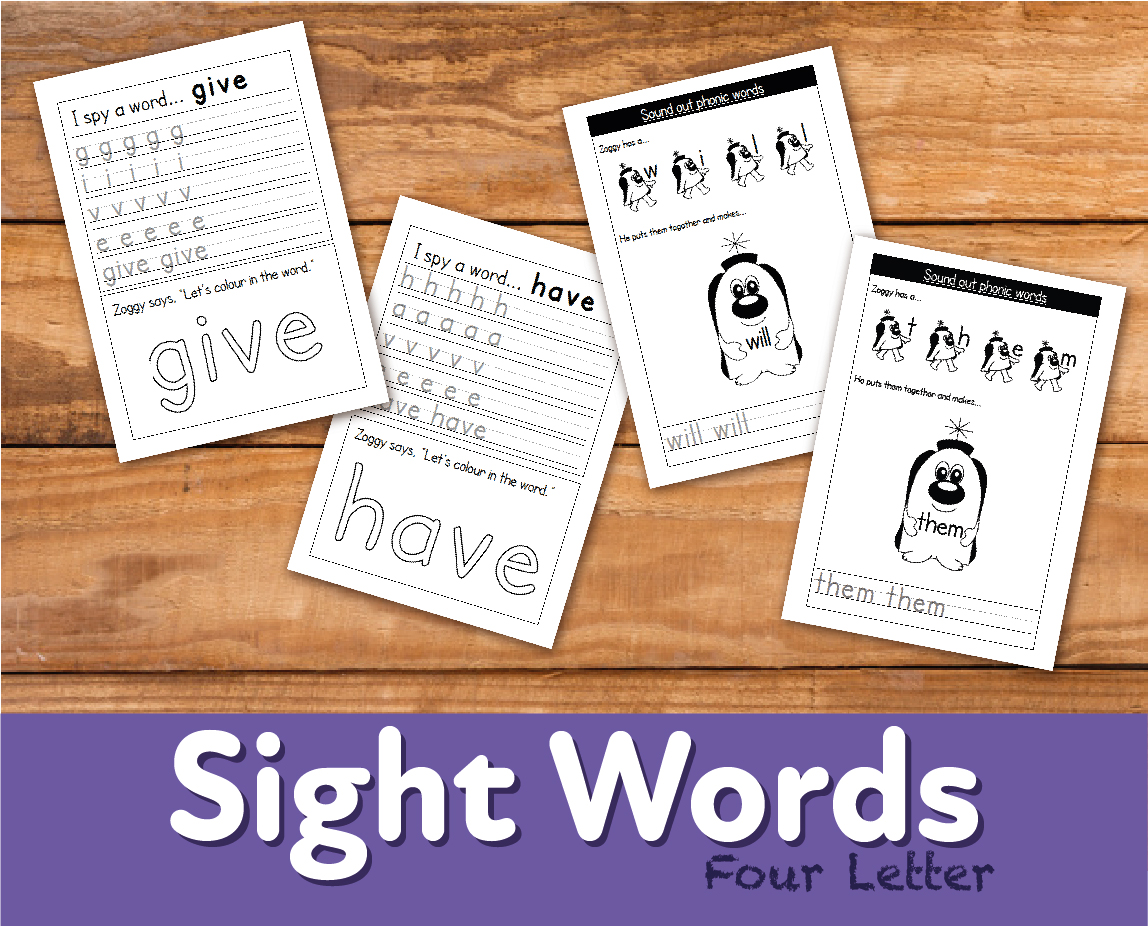 WORKSHEETS To Reinforce Four Letter Sight Words (4-7 years) - Teacher Notes