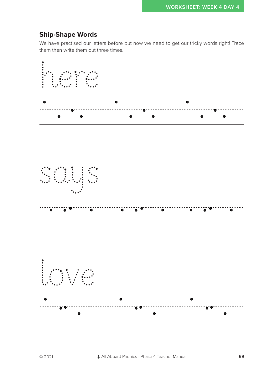 Week 4, lesson 4 Ship-Shape Words letter formation activity - Phonics Phase 4 - Worksheet