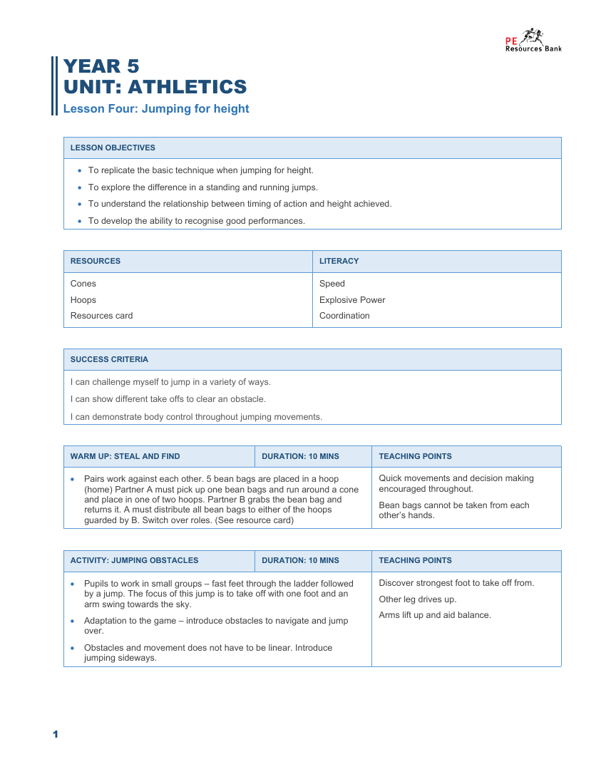 Jumping for height - Lesson Plan