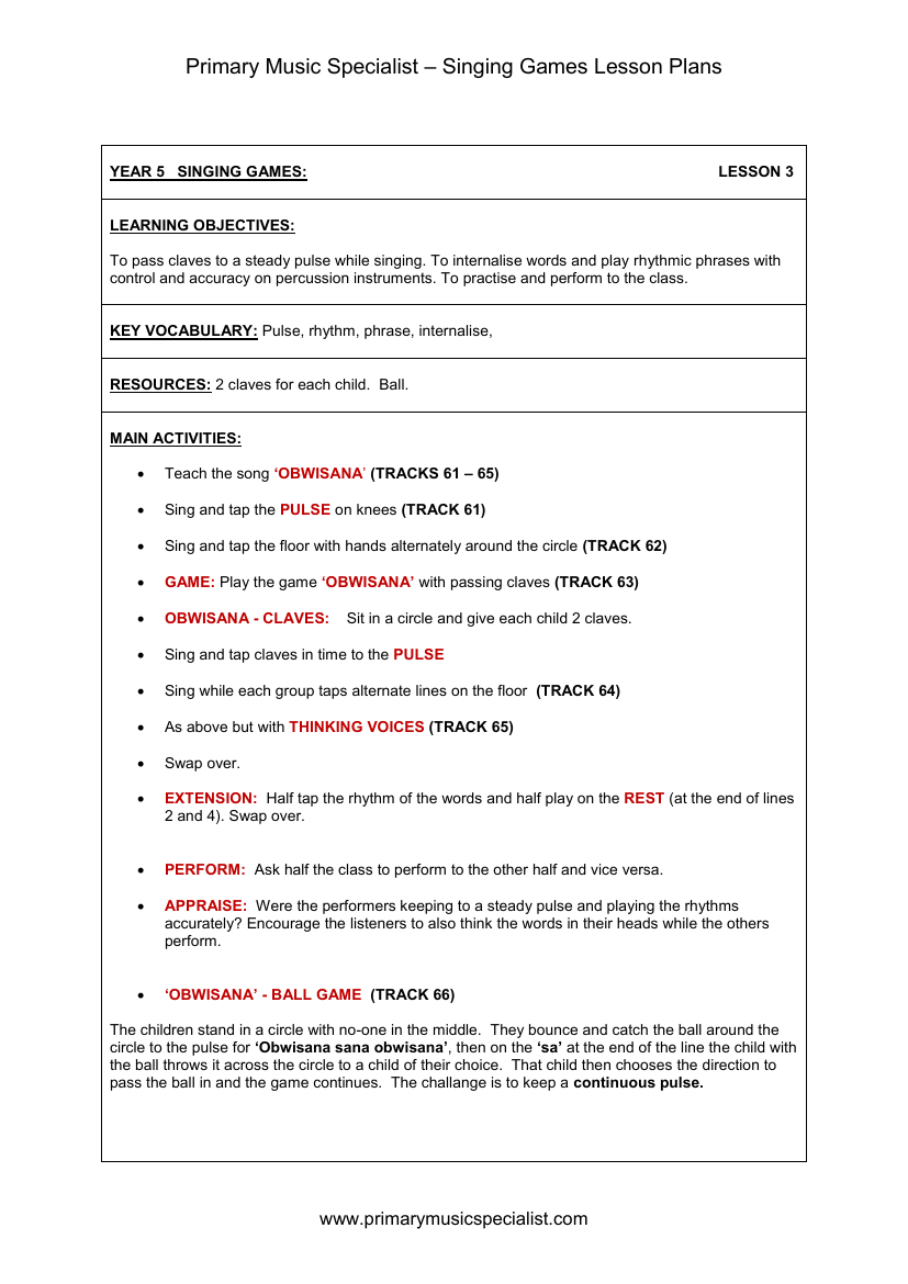 Singing Games Lesson Plan - Year 5 Lesson 3