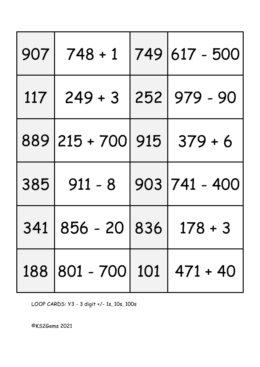 Loop Card Game - Add or Subtract 1 digit, 10s, 100s