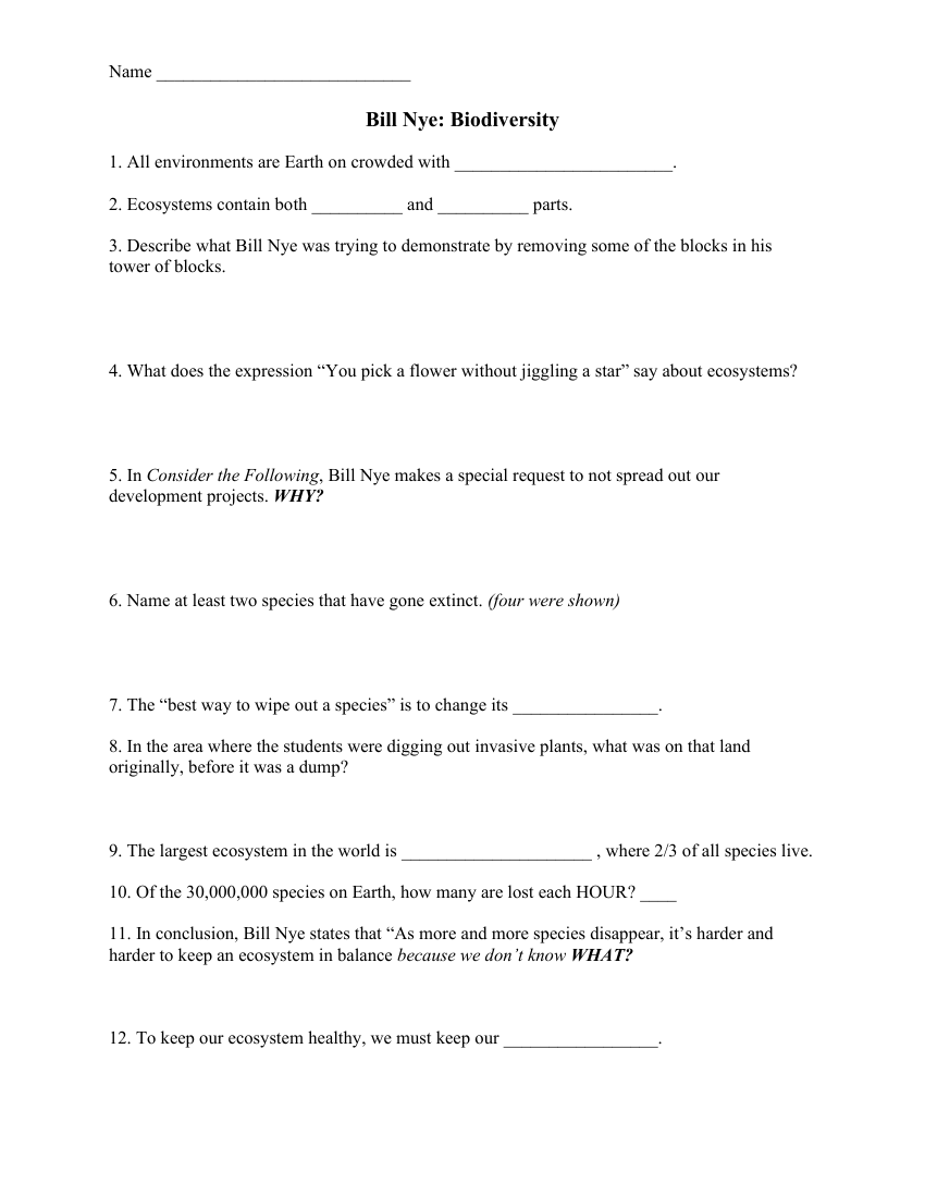 Bill Nye - Biodiversity Worksheet with Answers