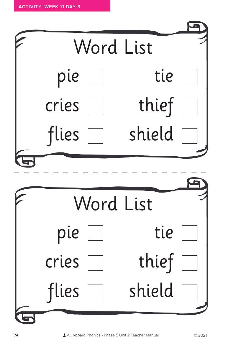 Week 11, lesson 3 Word List activity - Phonics Phase 5, unit 2 - Worksheet