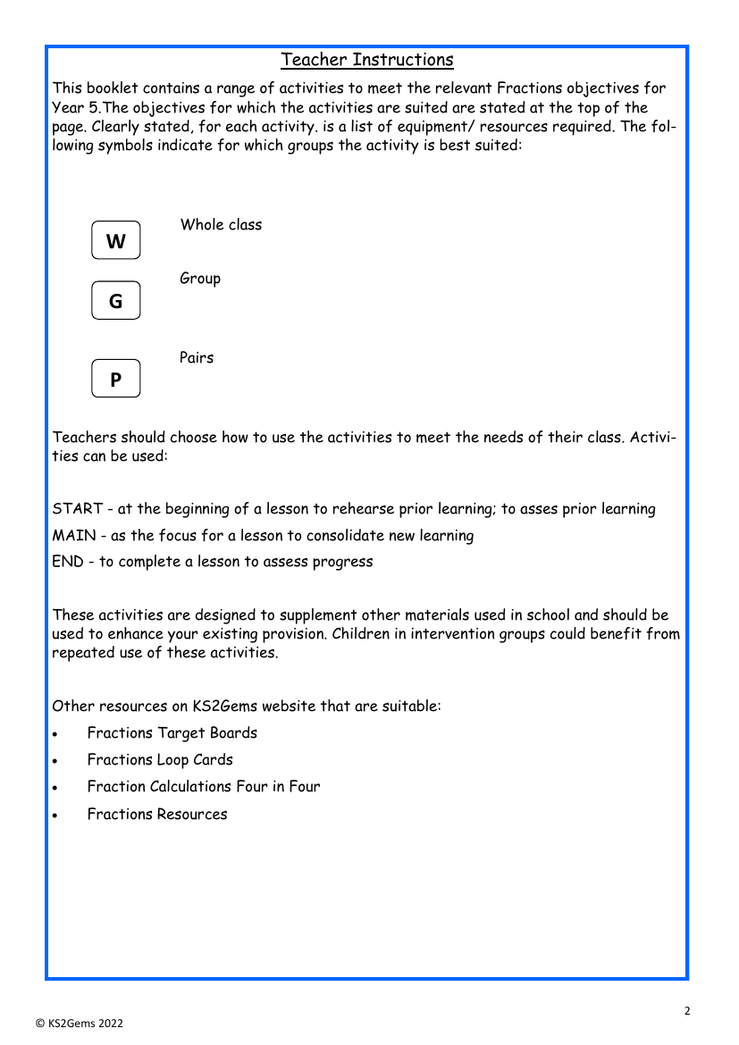 Fractions Teacher Instructions