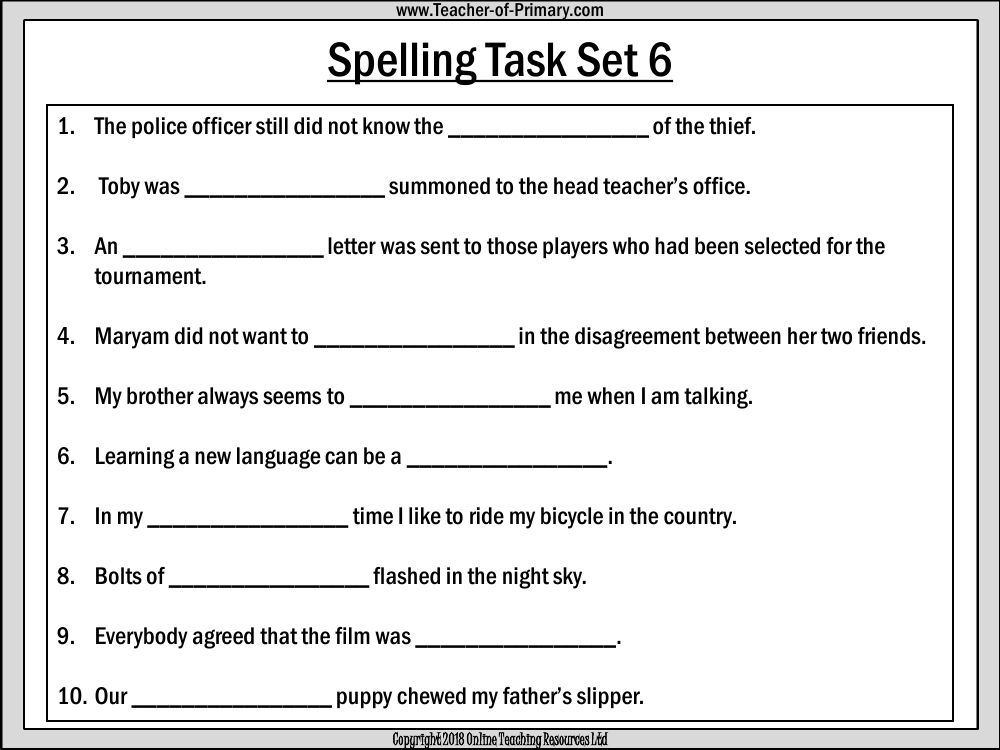 Spellings - Set 6 Worksheet