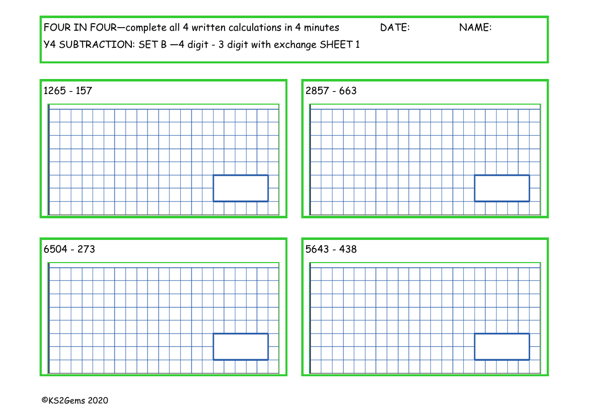 Four in Four -  Subtraction Set B - 4d - 3d with exchange