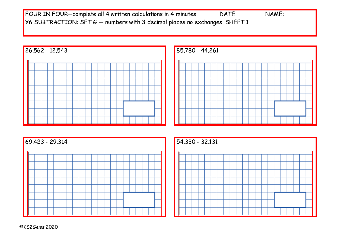 Four in Four - Subtraction Set G - numbers with 3 decimal places no exchange