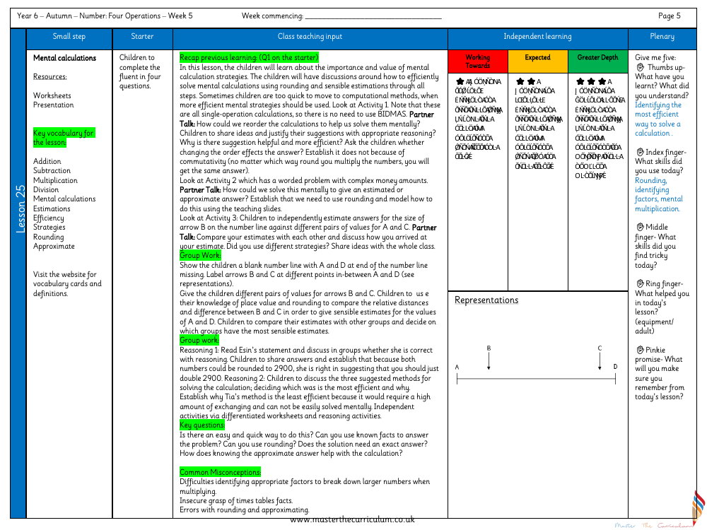 Addition, Subtraction, Multiplication and Division - Mental calculations - Planning