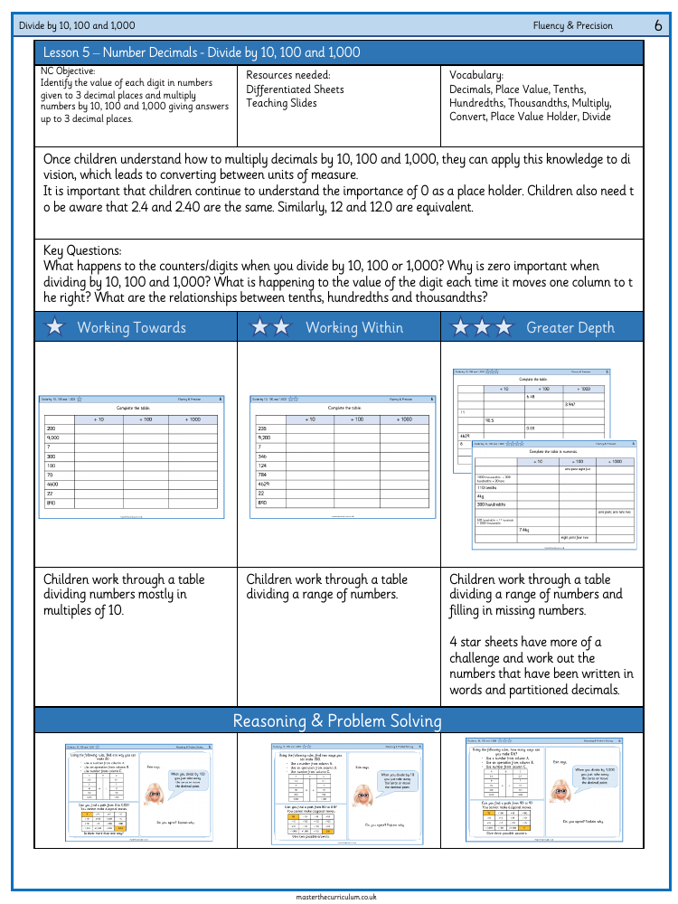 Decimal - Divide by 10, 100 and 1,000
 - Worksheet