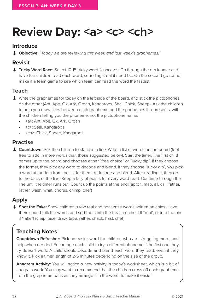 Week 8, lesson 3 Review Day: "a,c,ch" - Phonics Phase 5, unit 2 - Lesson plan