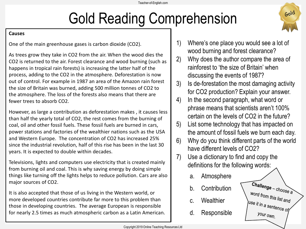 Climate Change - Unit 1 - Gold Reading Comprehension Worksheet