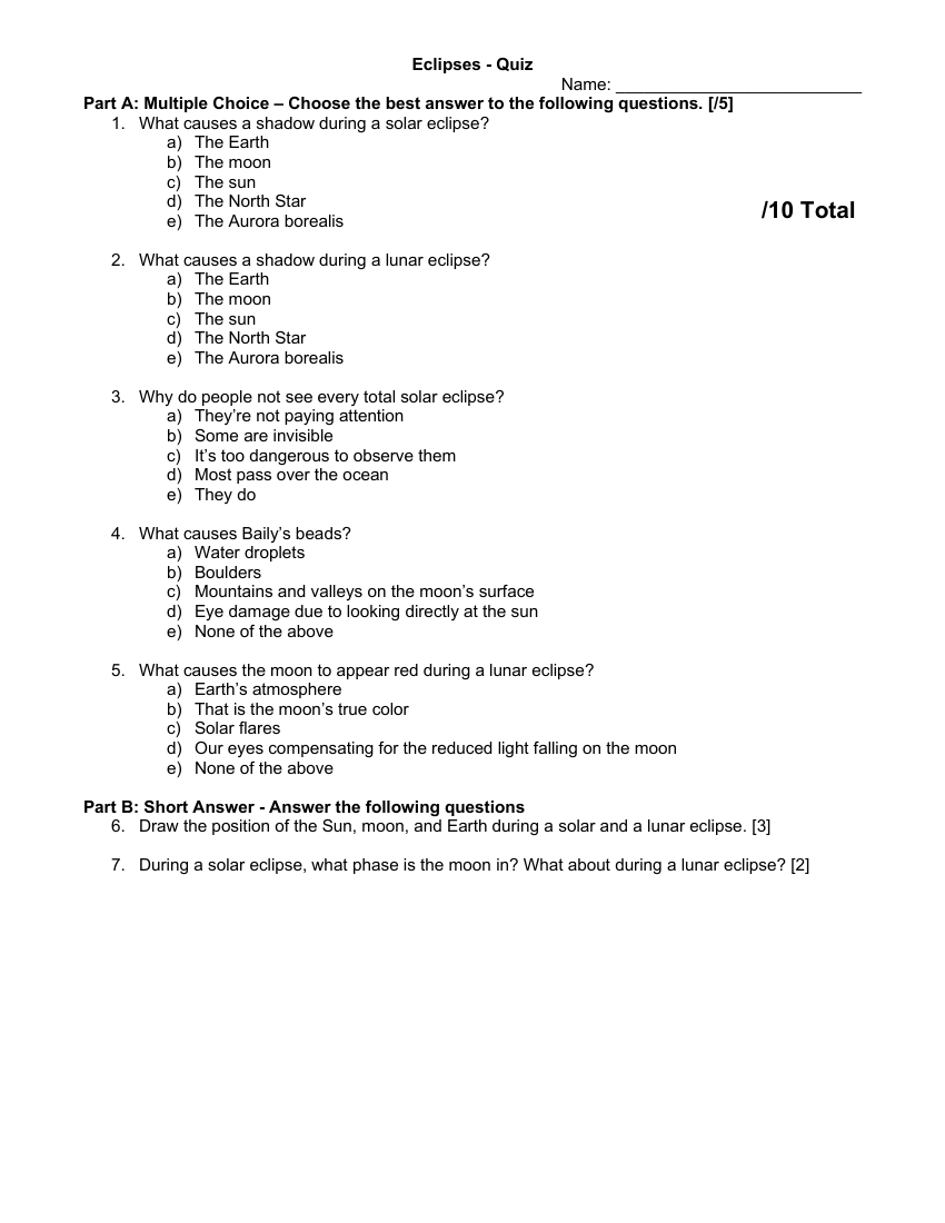 Eclipse - Solar and Lunar - Quiz