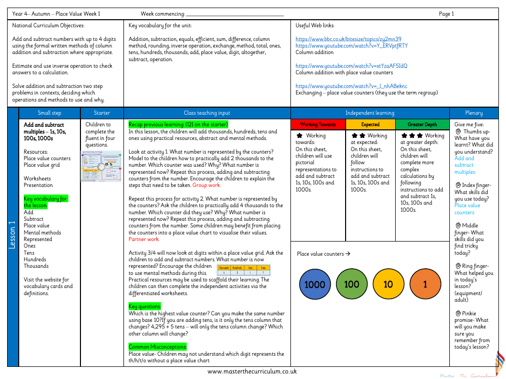 Addition and Subtraction - Add and subtract multiples – 1s, 10s, 100s, 1000s - Planning