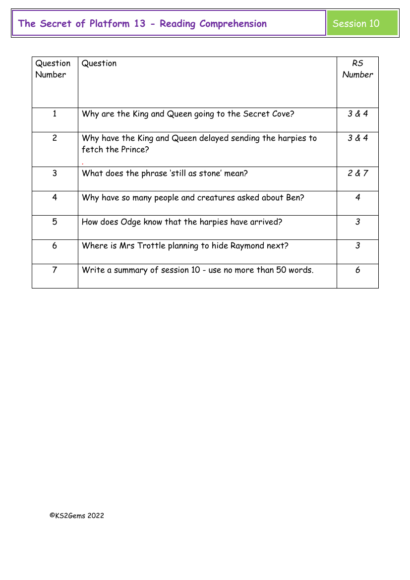 The Secret of Platform 13 - Session 10 - Reading Comprehension