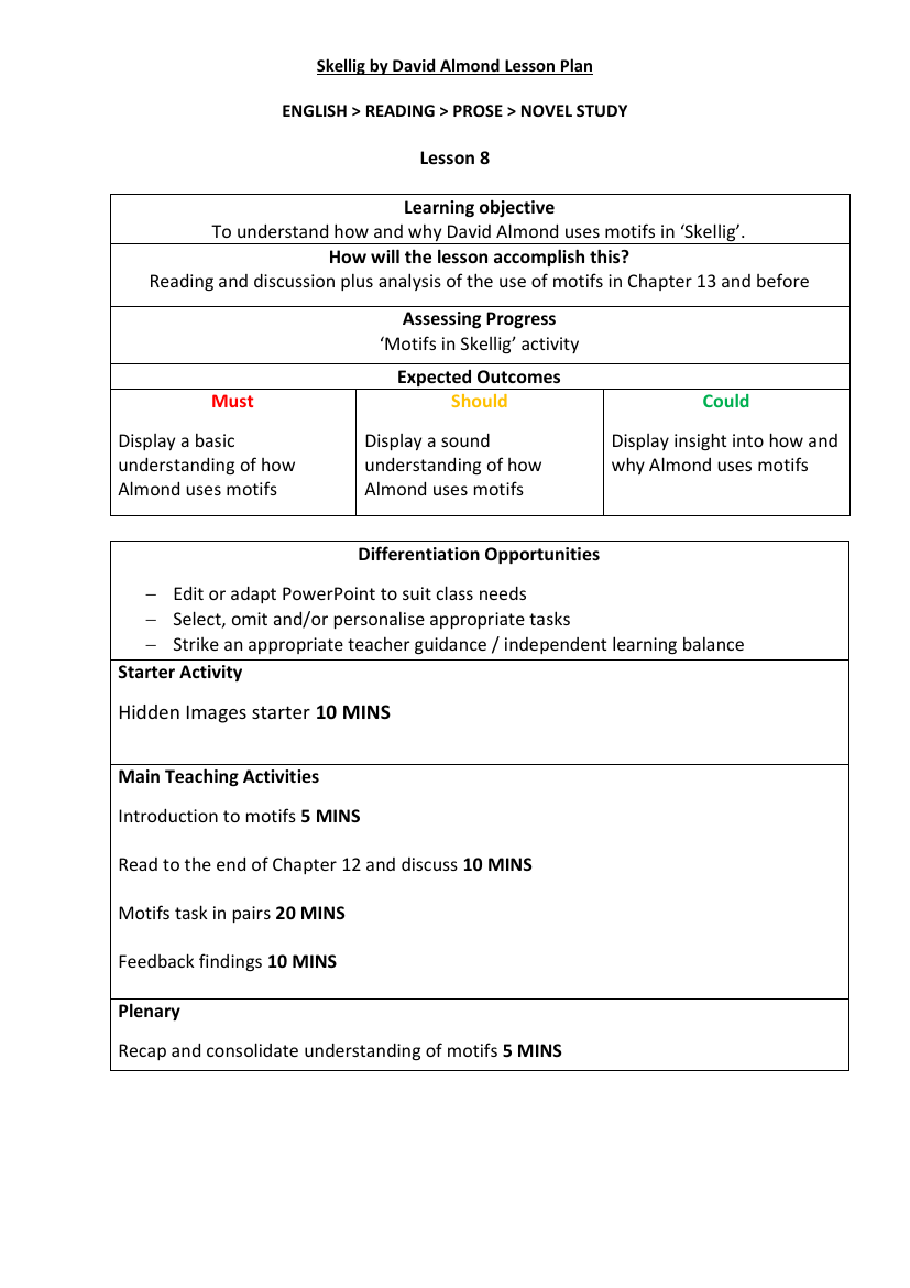 Skellig Lesson 8: Foreshadowing - Lesson Plan