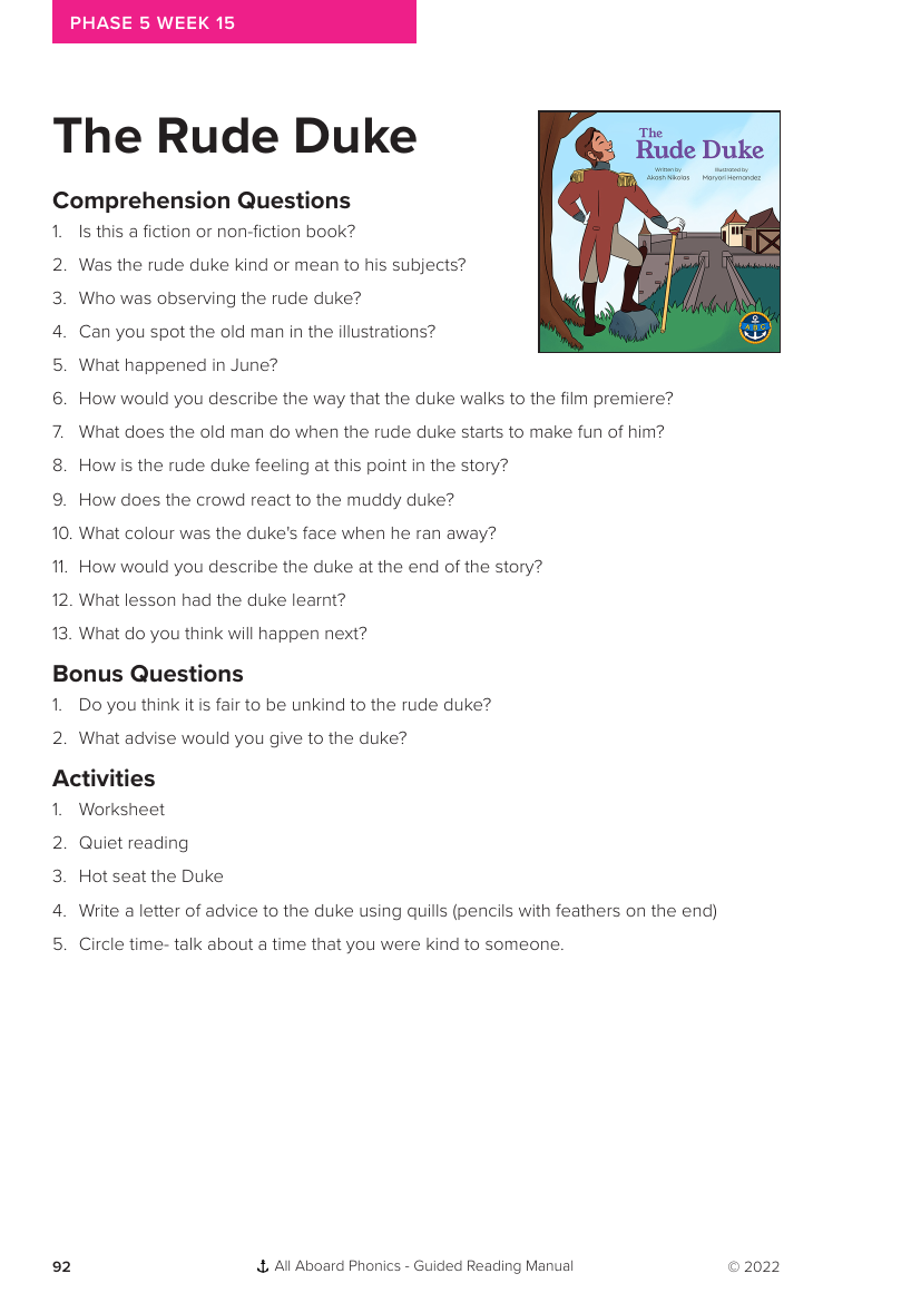 Week 15, Guided Reading "The Rude Duke" - Phonics Phase 5 - Worksheet