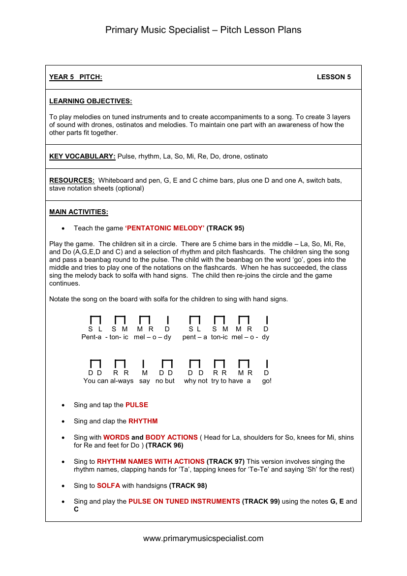 Pitch Lesson Plan - Year 5 Lesson 5