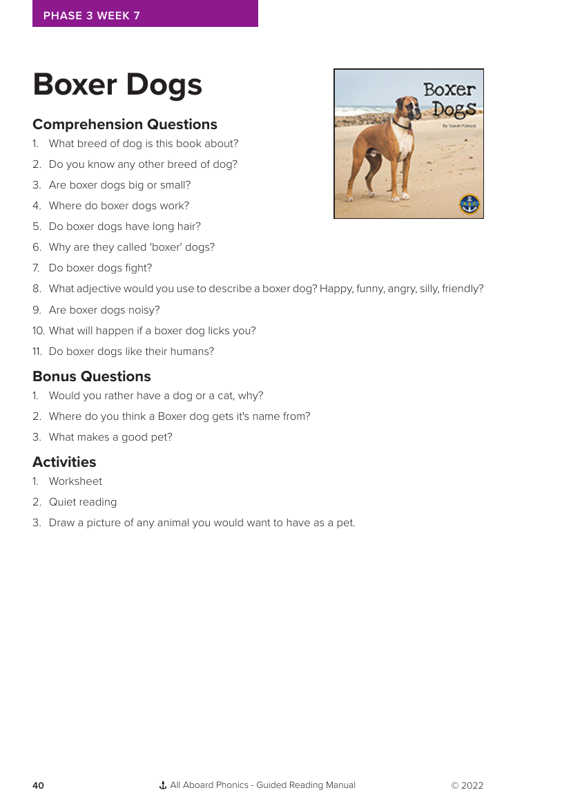 Week 7, Guided Reading "Boxer Dogs" - Phonics Phase 3 - Worksheet