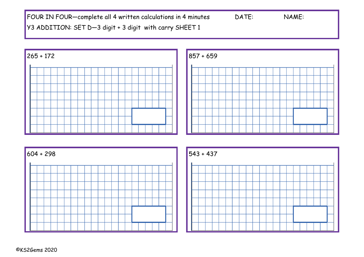 Four in Four - Addition Set D - 3d + 3d with  carry