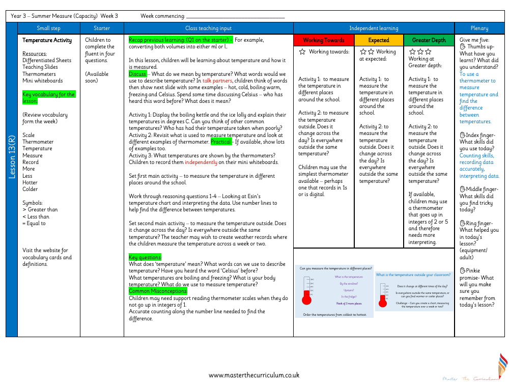 Mass and capacity - Temperature activity - Planning