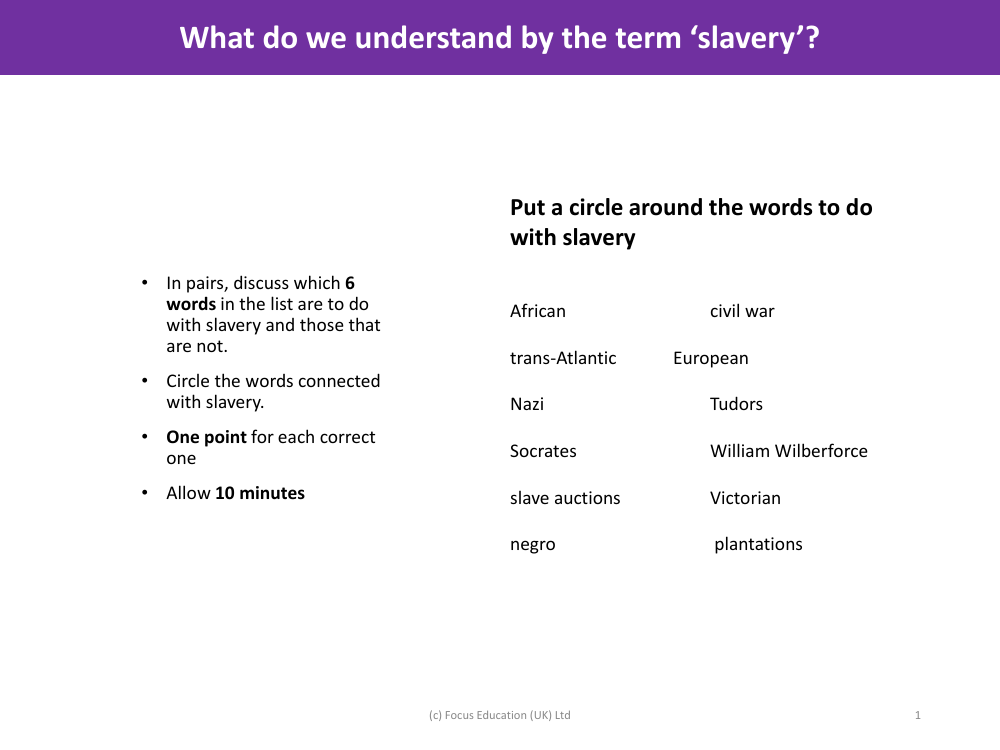 Put a circle around words to do with Slavery - Slavery - Year 5
