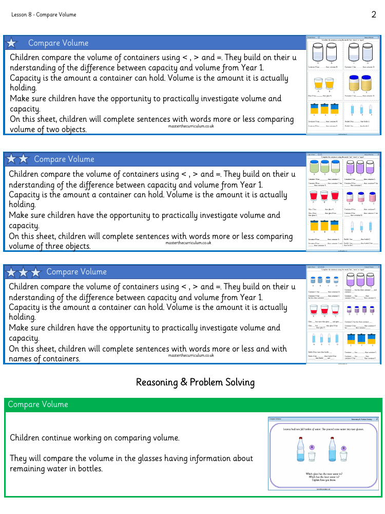 Mass, Capacity, Temperature - Compare volume - Worksheet