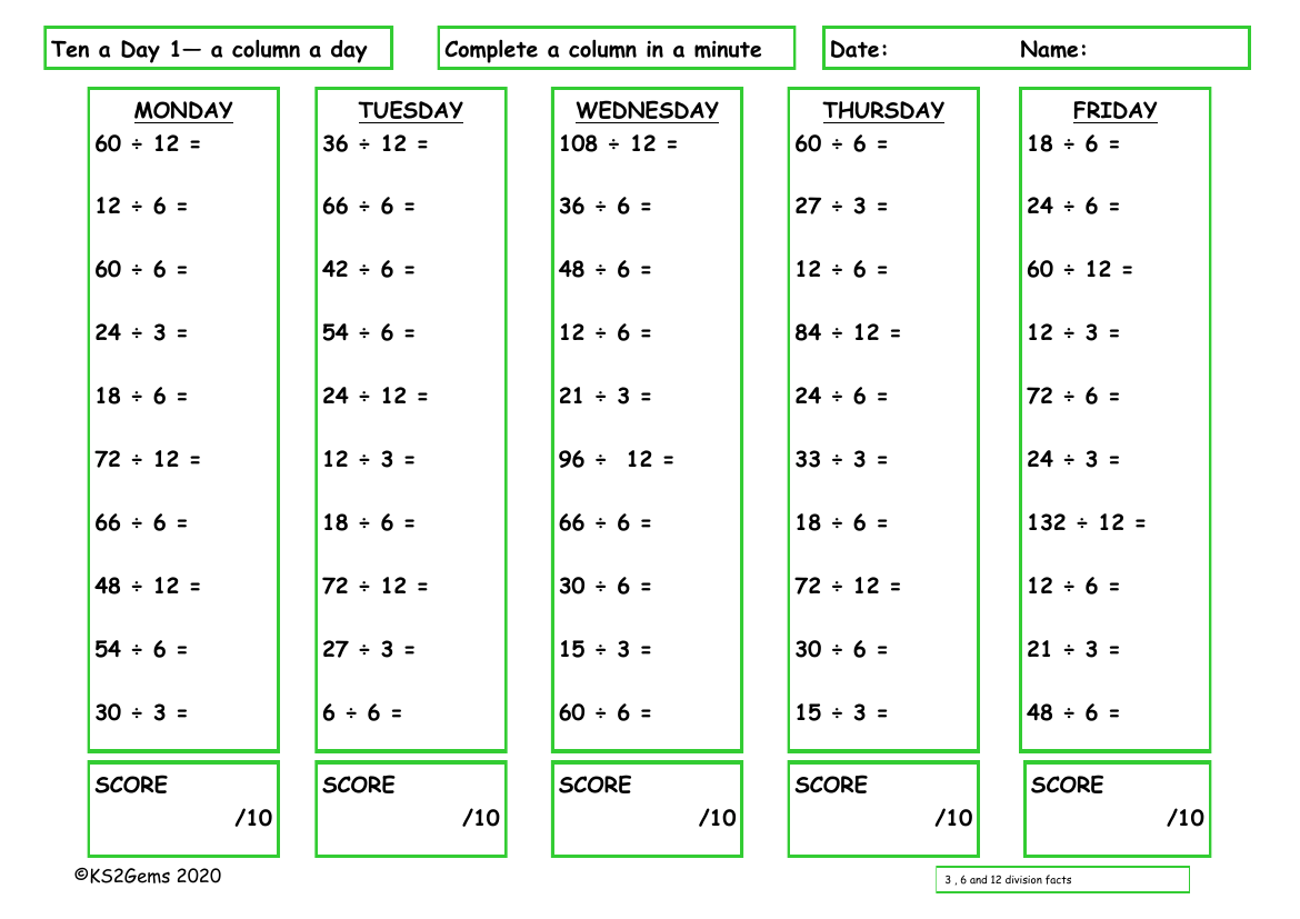 Ten a Day 3, 6 and 12  Division Facts