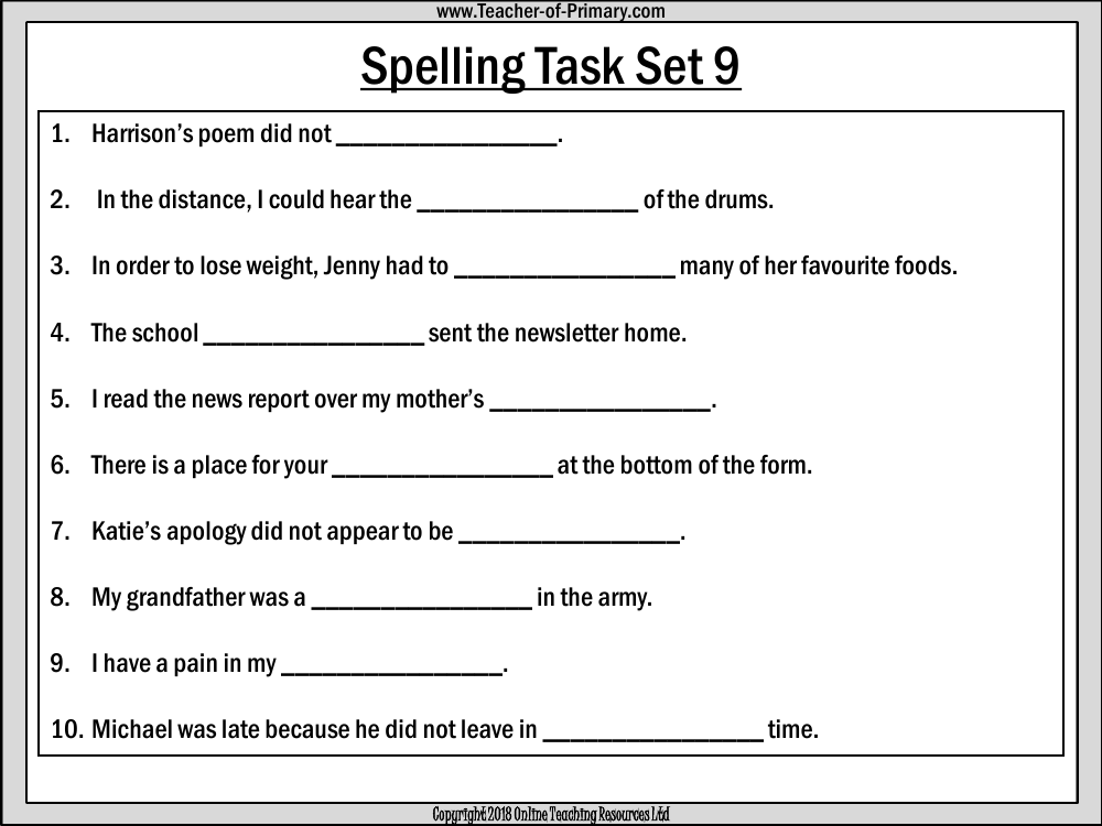 Spellings - Set 9 Worksheet