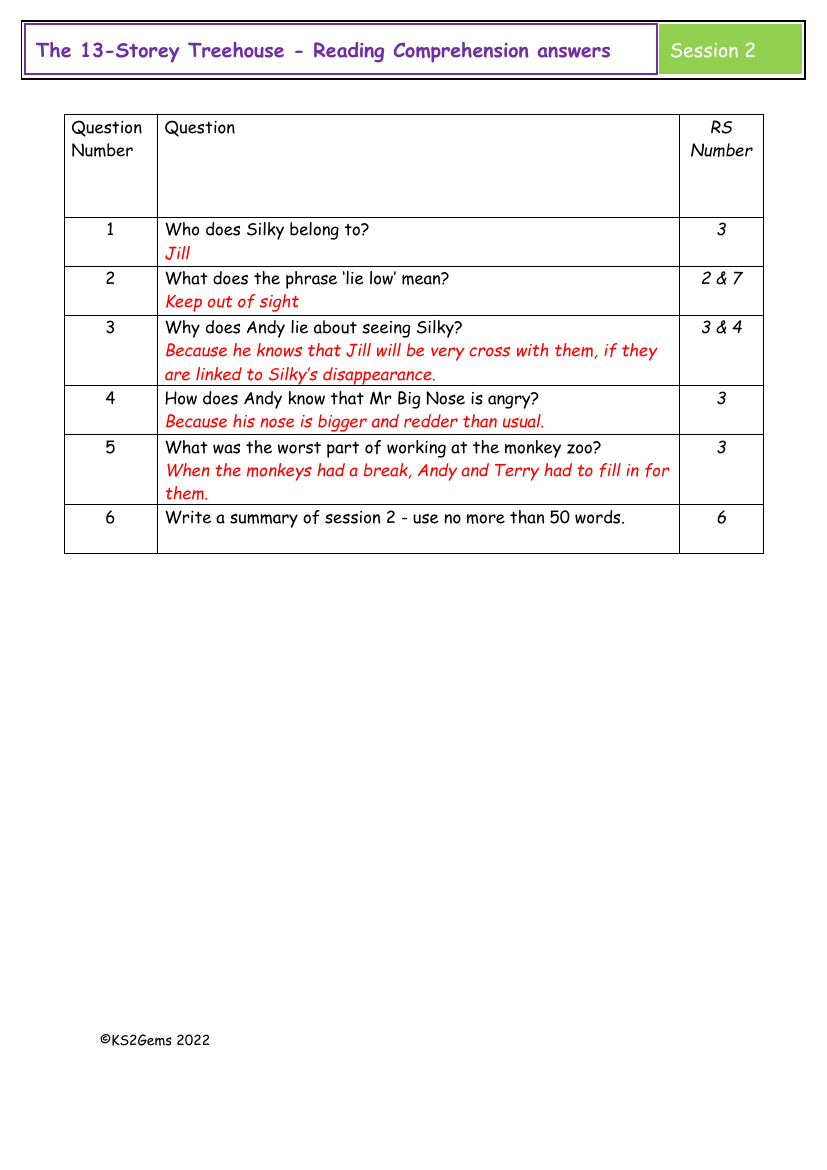 The 13-Storey Treehouse - Session 2 - Reading Comprehension answers