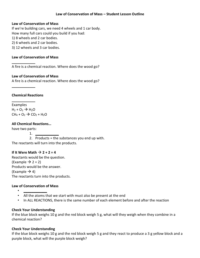 Law of Conservation of Mass - Student Lesson Outline