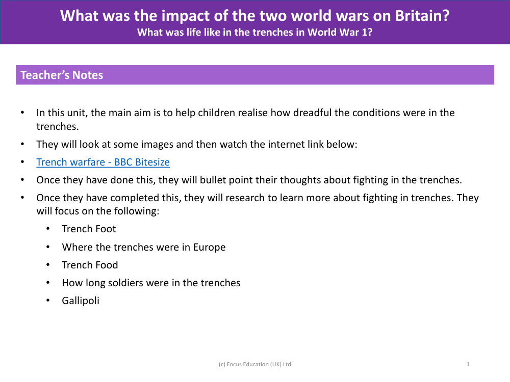 What was life like in the trenches in World War 1? - Teacher's Notes