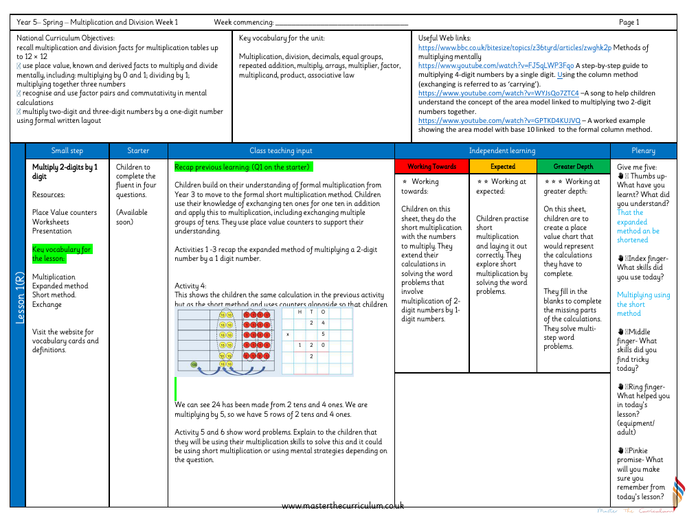 Multiplication and Division (2) - Multiply 2-digits by 1-digit - Planning