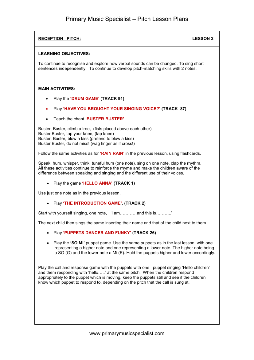 Pitch Lesson Plan - Reception Lesson 2