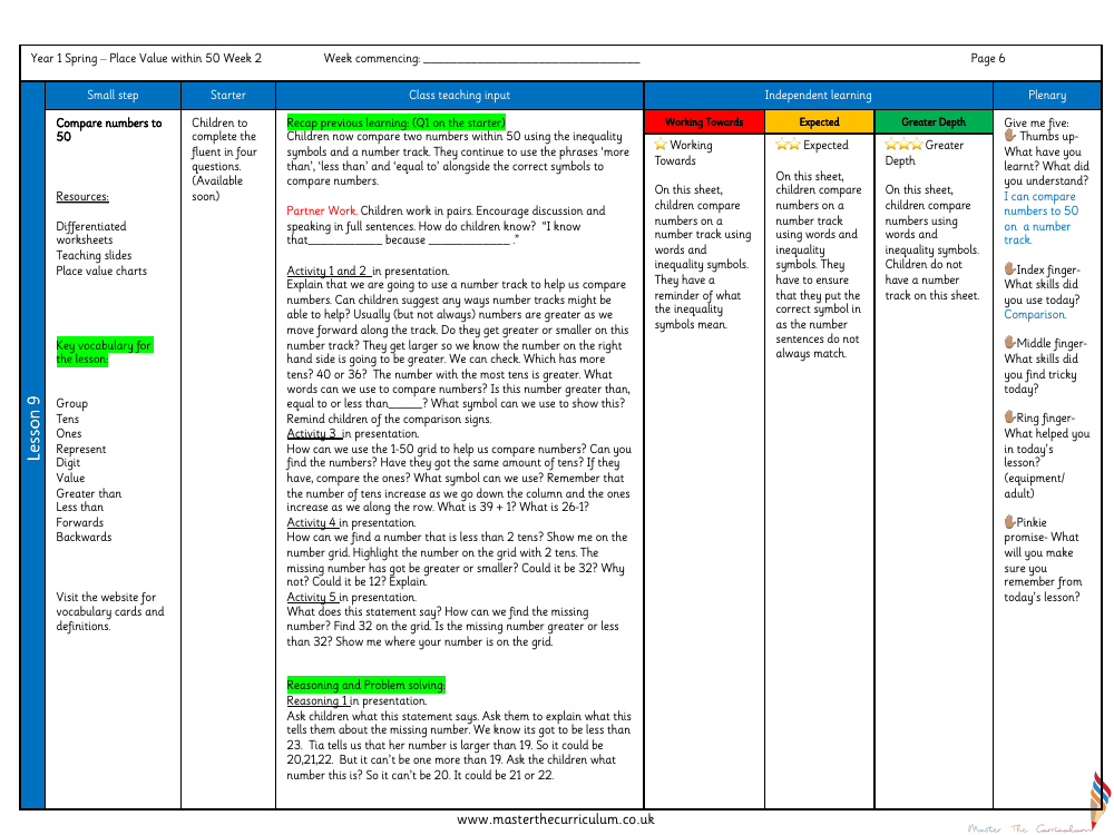 Place Value within 50 - Compare numbers within 50 - Planning