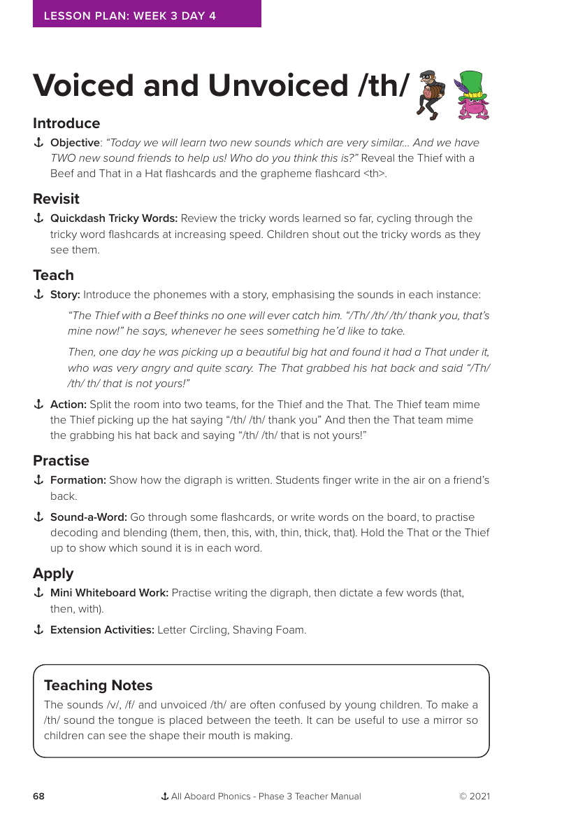 Week 3, lesson 4 Voiced and Unvoiced "th" - Phonics Phase 3 - Lesson plan