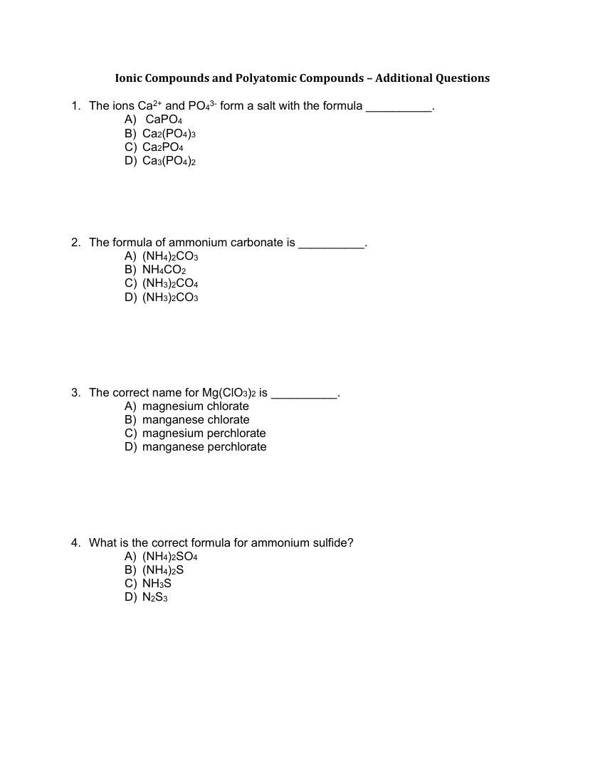 Ionic and Polyatomic Compounds - Worksheet