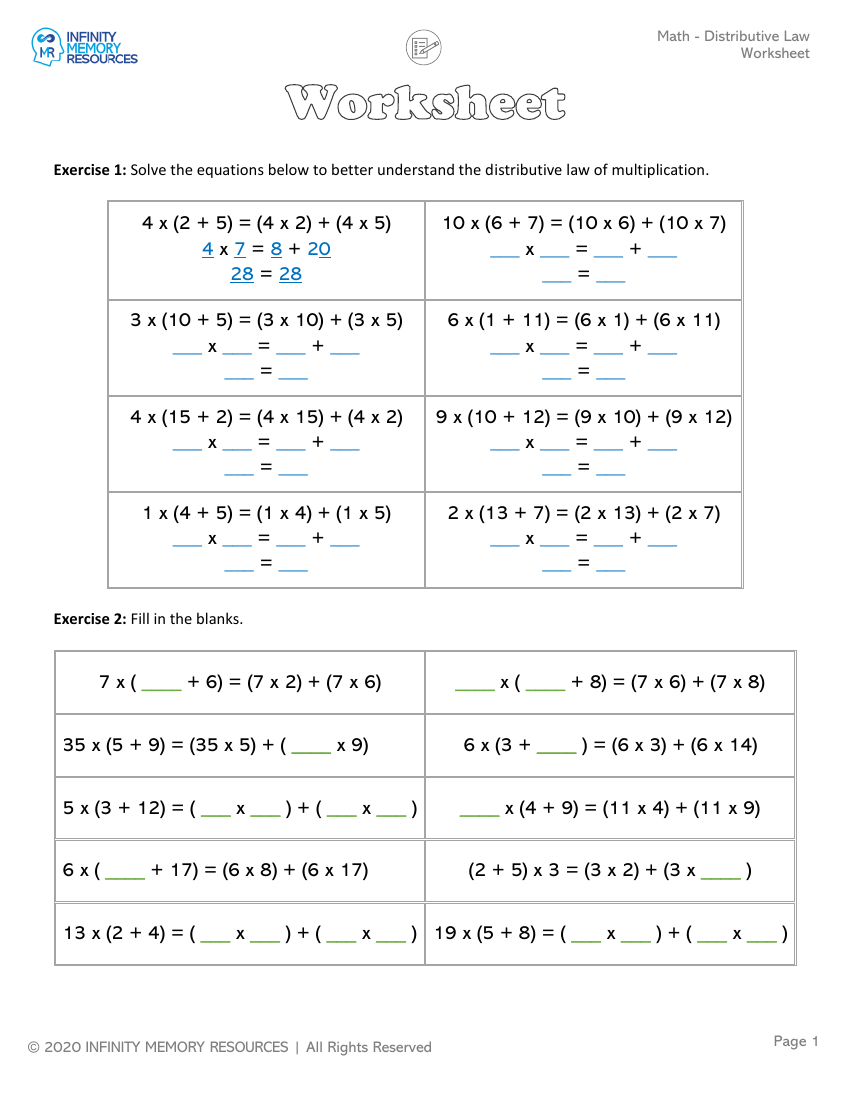 Distributive Law - Worksheet