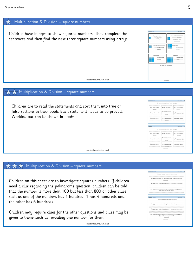 Multiplication and Division (1) - Square Numbers (1) - Worksheet