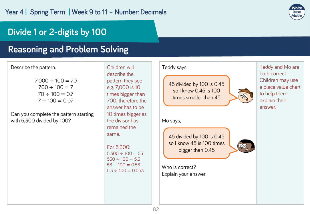 Divide 1 or 2-digits by 100: Reasoning and Problem Solving