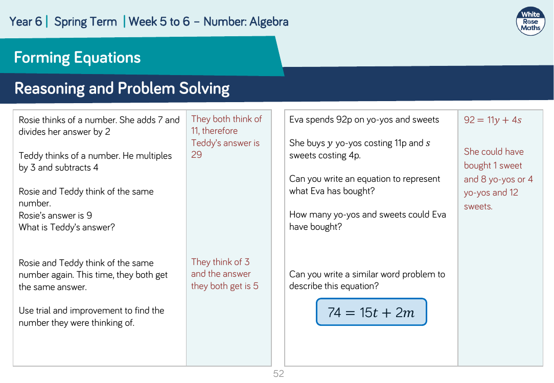 Forming Equations: Reasoning and Problem Solving