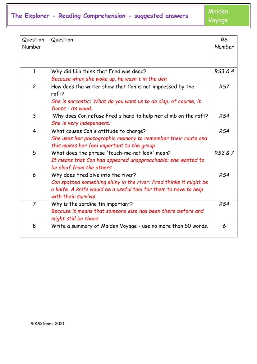 The Explorer - Session 8 - Reading Comprehension suggested answers