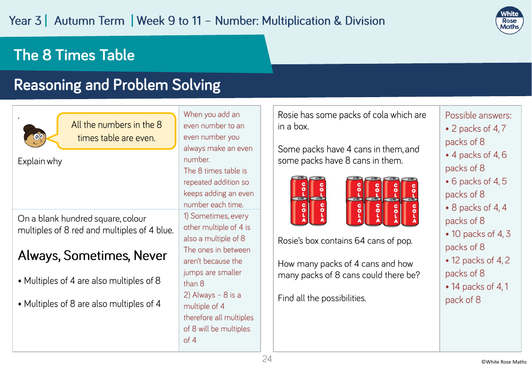 8 times table reasoning and problem solving