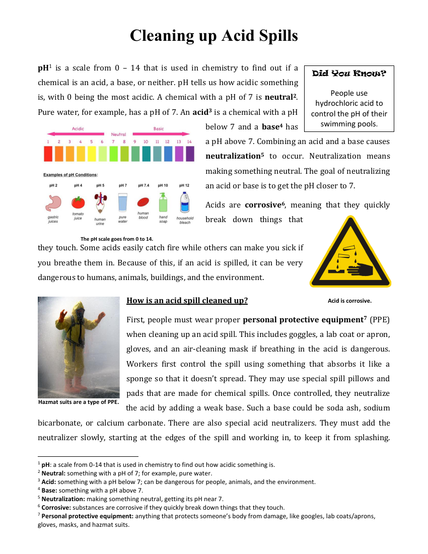 Cleaning up Acid Spills - Reading with Comprehension Questions