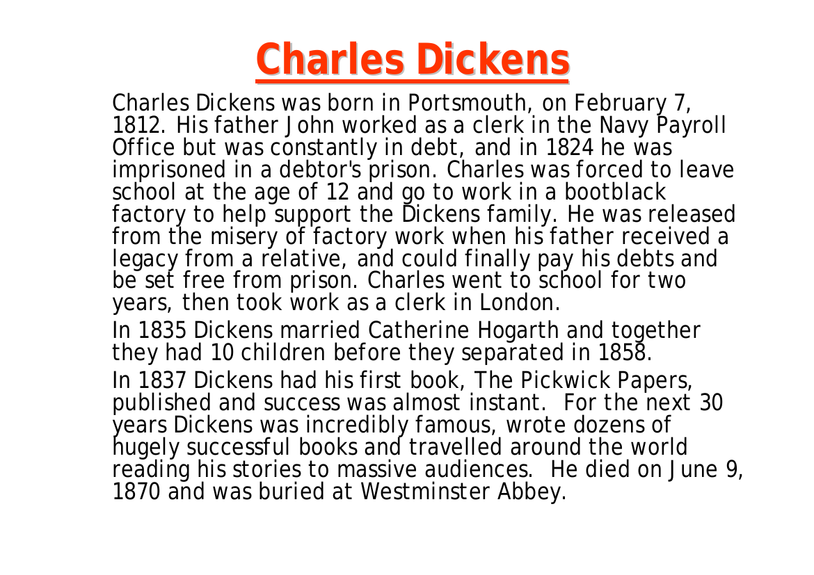 The Life of Charles Dickens - Lesson 3 - Charles Dickens Information Worksheet