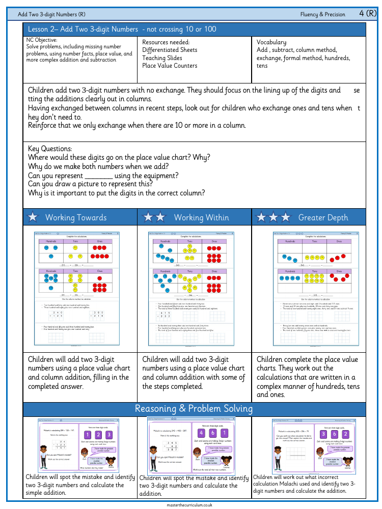 Addition and Subtraction - Adding 2 three digit numbers (no exchange) - Worksheet