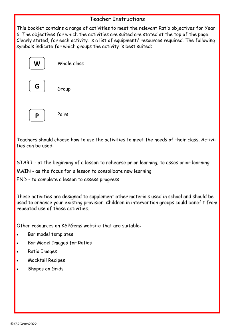 Ratio and Proportion teacher instructions