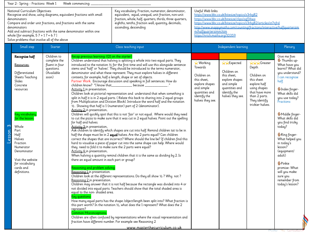 Fractions - Recognise a half - Planning
