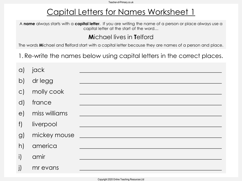 Capital Letters for Names - Worksheet