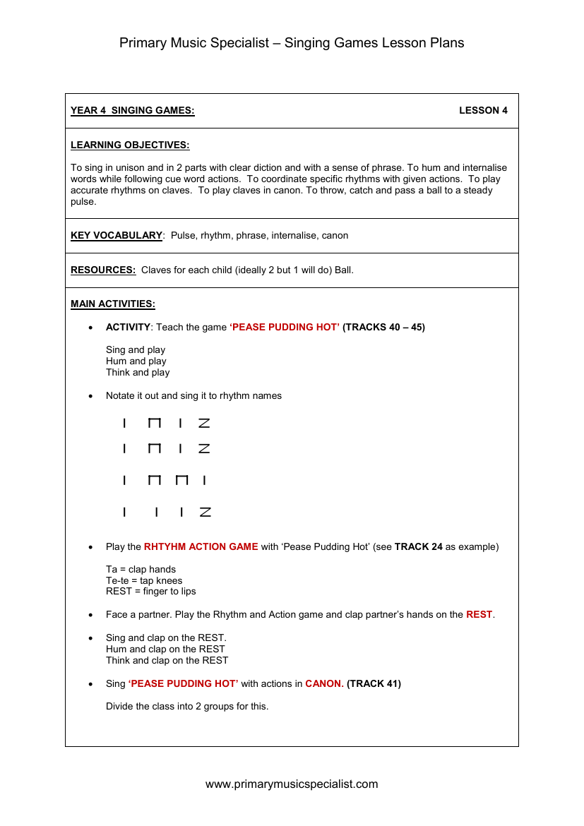 Singing Games Lesson Plan - Year 4 Lesson 4